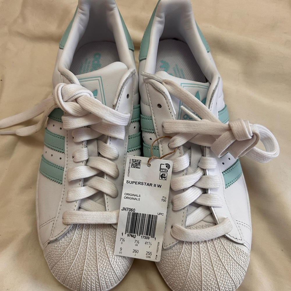 Adidas Women's Superstar White and Light Blue Sneakers